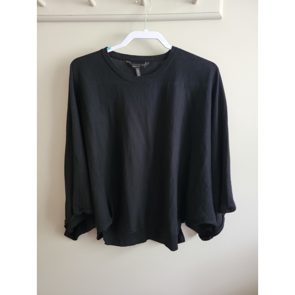 BCBG Women's Boxy Merino Wool Poncho Medium Slouchy Black Sweater Crew Neck GUC